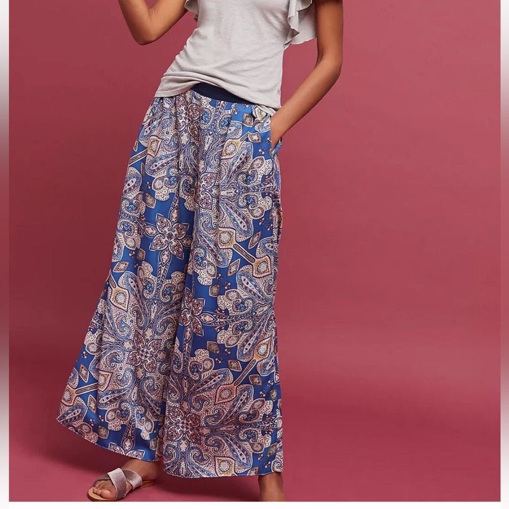 Anthropologie Ines Wide-Legs by Elevenses Blue Satin Relaxed Beach Preppy EUC